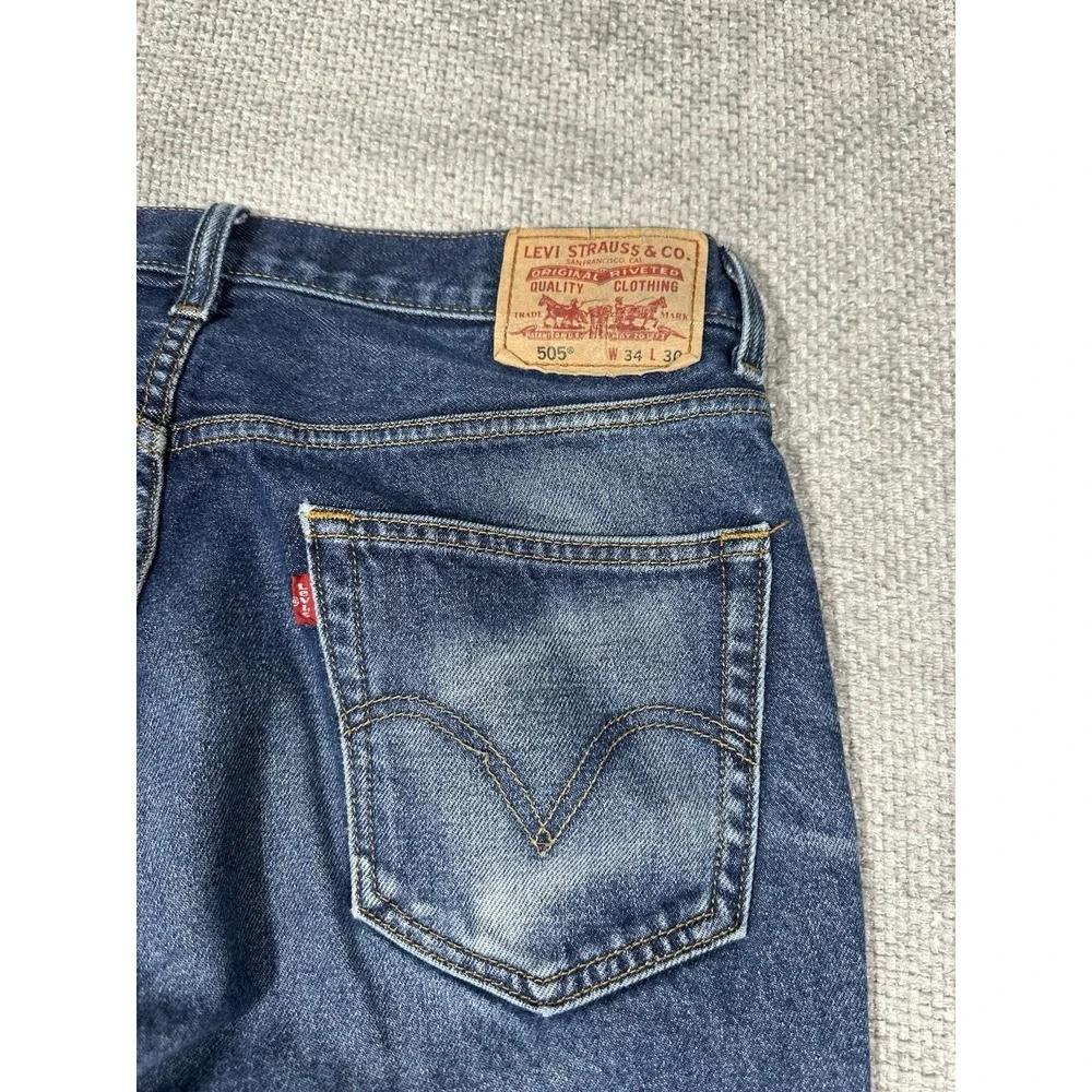 Levis 505 Jeans 34x30 Blue Distressed Faded Cotton Classic Straight Leg Y2K